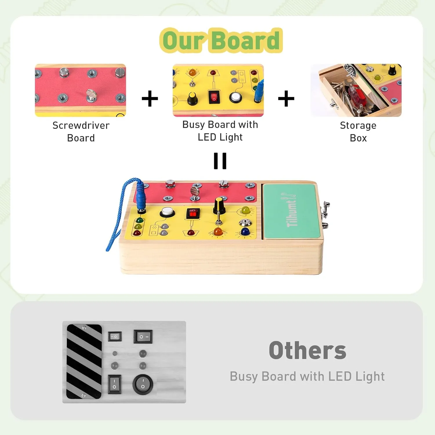Tilhumt 2-in-1 Busy Board with LED Light, Montessori Screwdriver Board Set with 6 LED Light Switches, Toddler Montessori Switch Fidget Board with Lockable Toolbox, Travel Activity Toys for Kids 3-5
