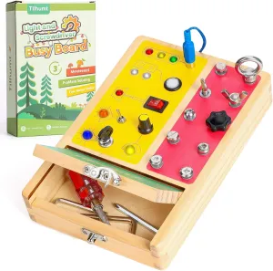 Tilhumt 2-in-1 Busy Board with LED Light, Montessori Screwdriver Board Set with 6 LED Light Switches, Toddler Montessori Switch Fidget Board with Lockable Toolbox, Travel Activity Toys for Kids 3-5