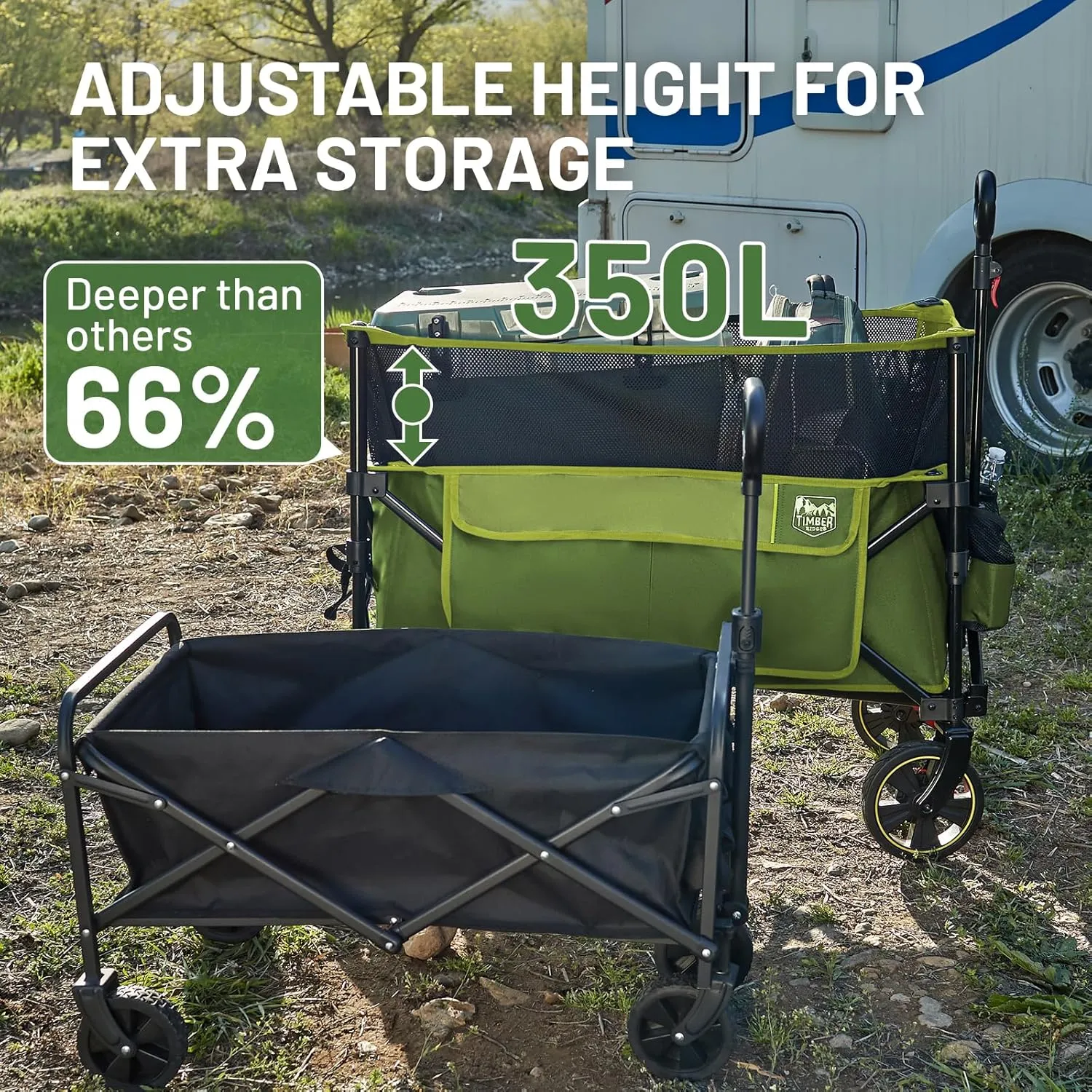 TIMBER RIDGE 350L Extra Large Collapsible Folding Wagon Carts with Brake, Heavy Duty Outdoor Camping Utility Wagons with Extended Height, Adjustable Handle, Cup Holders, Side Bag(Green)