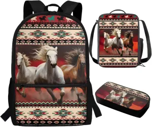 TOADDITDO Horse Backpack with Matching Lunch Box for Teen Girls Boys Southwest Africa Aztec Middle School Large Schoolbags with Pencil Case Student Hiking Camping Book Bag Daypack Backpacks Rucksack