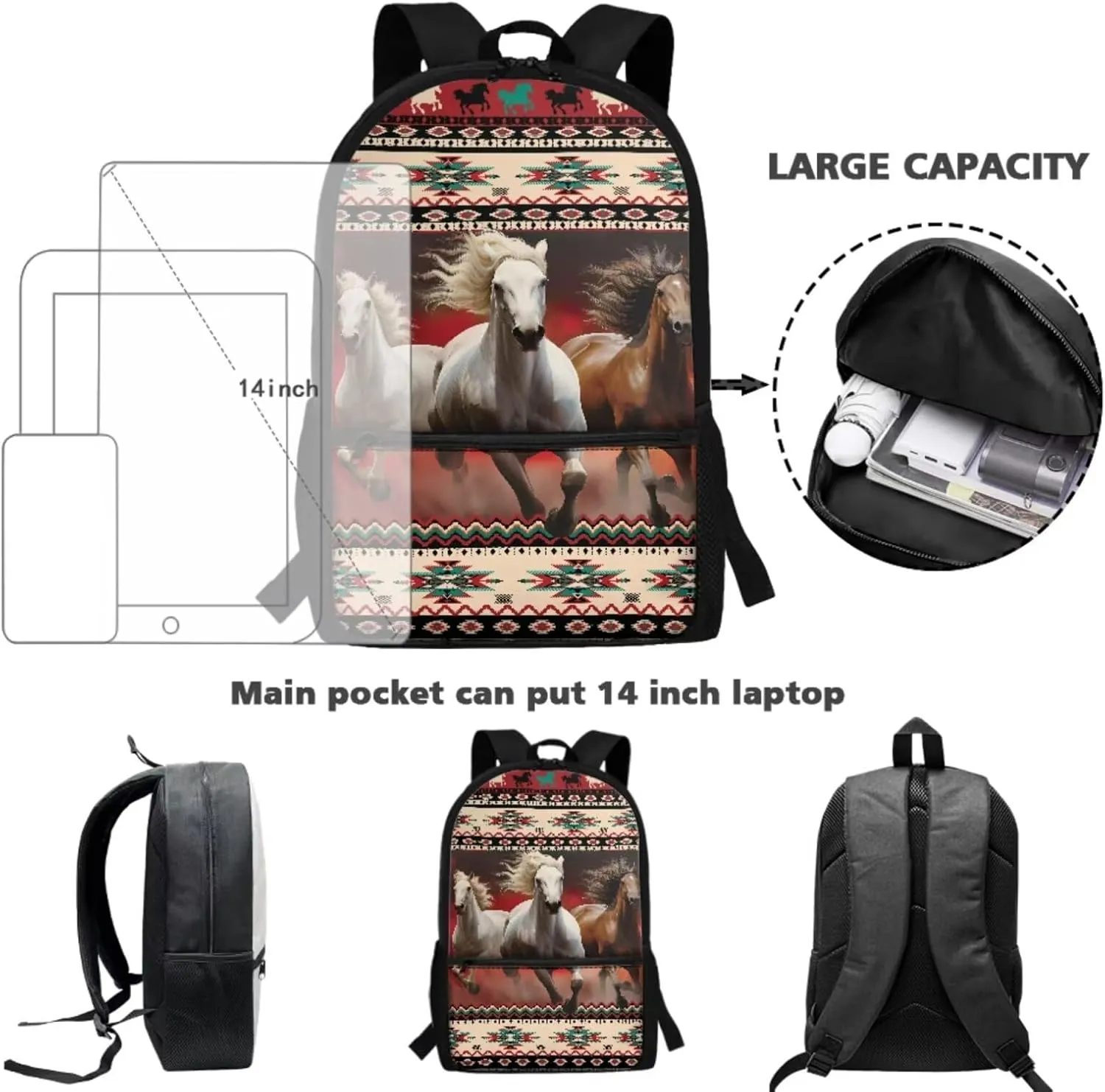 TOADDITDO Horse Backpack with Matching Lunch Box for Teen Girls Boys Southwest Africa Aztec Middle School Large Schoolbags with Pencil Case Student Hiking Camping Book Bag Daypack Backpacks Rucksack