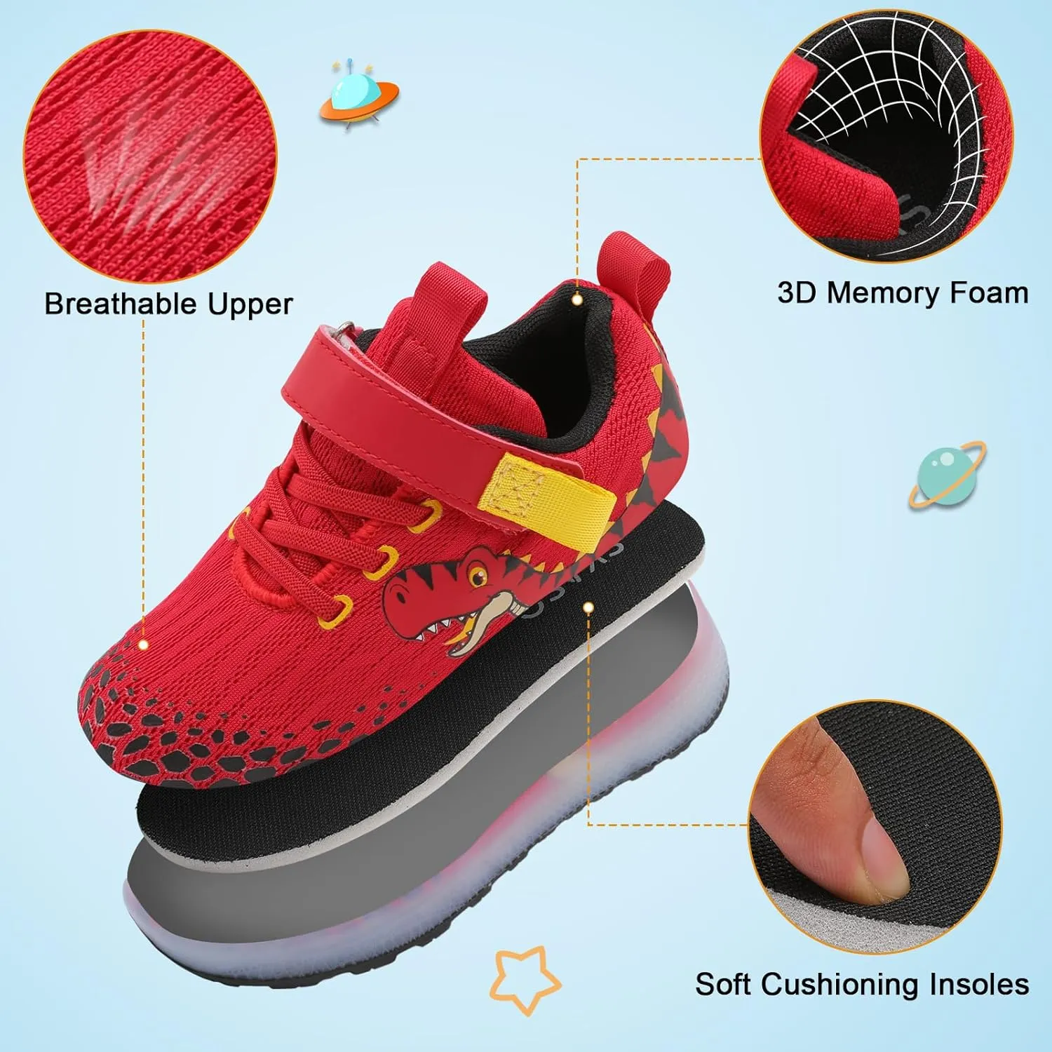 Toddler Sneakers Light Up Shoes for Boy Girl with Hook and Loop Comfortable Led Shoes Non-Slip Dinosaur Shark Shoes Little Kid