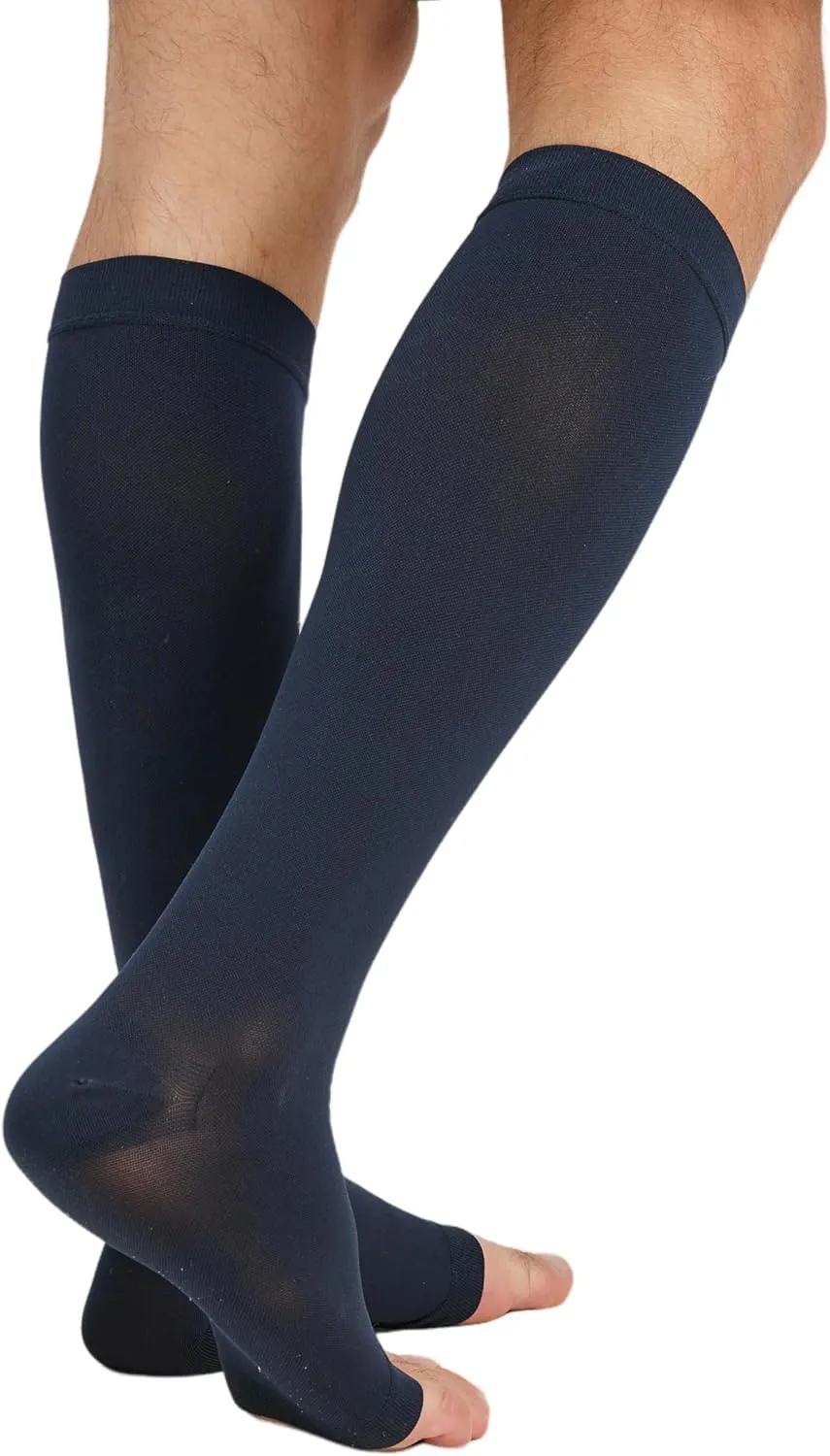TOFLY® Compression Stockings (Pair), Graduated Compression 20-30mmHg, Opaque, Unisex, Open Toe Knee High Compression Socks for Varicose Veins, Edema, Shin Splints, Nursing, Travel, Navy Blue XL