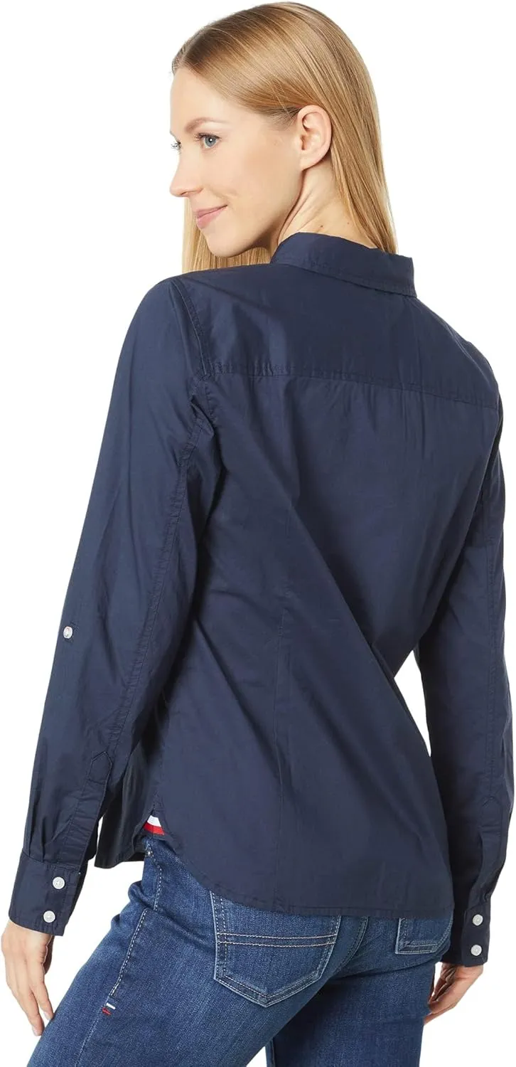 Tommy Hilfiger Women's Solid Button Collared Shirt With Adjustable Sleeves