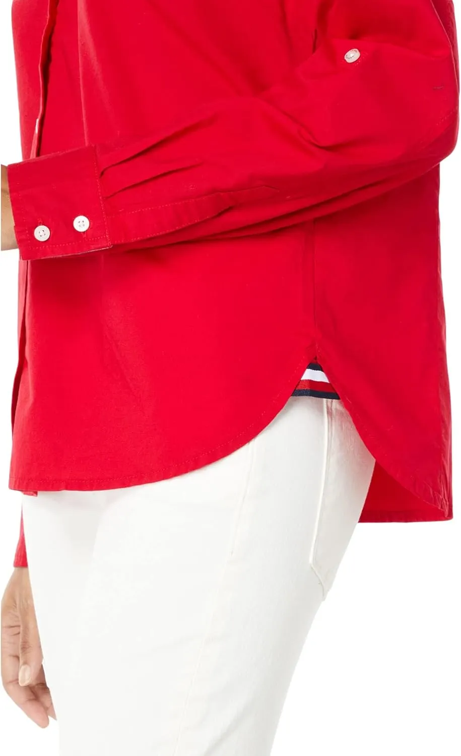 Tommy Hilfiger Women's Solid Button Collared Shirt With Adjustable Sleeves
