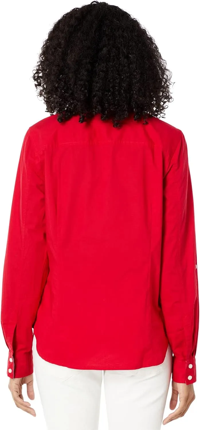 Tommy Hilfiger Women's Solid Button Collared Shirt With Adjustable Sleeves