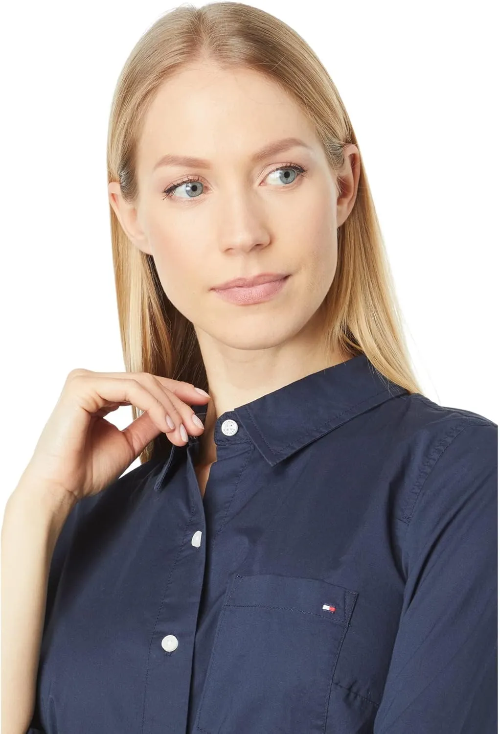Tommy Hilfiger Women's Solid Button Collared Shirt With Adjustable Sleeves