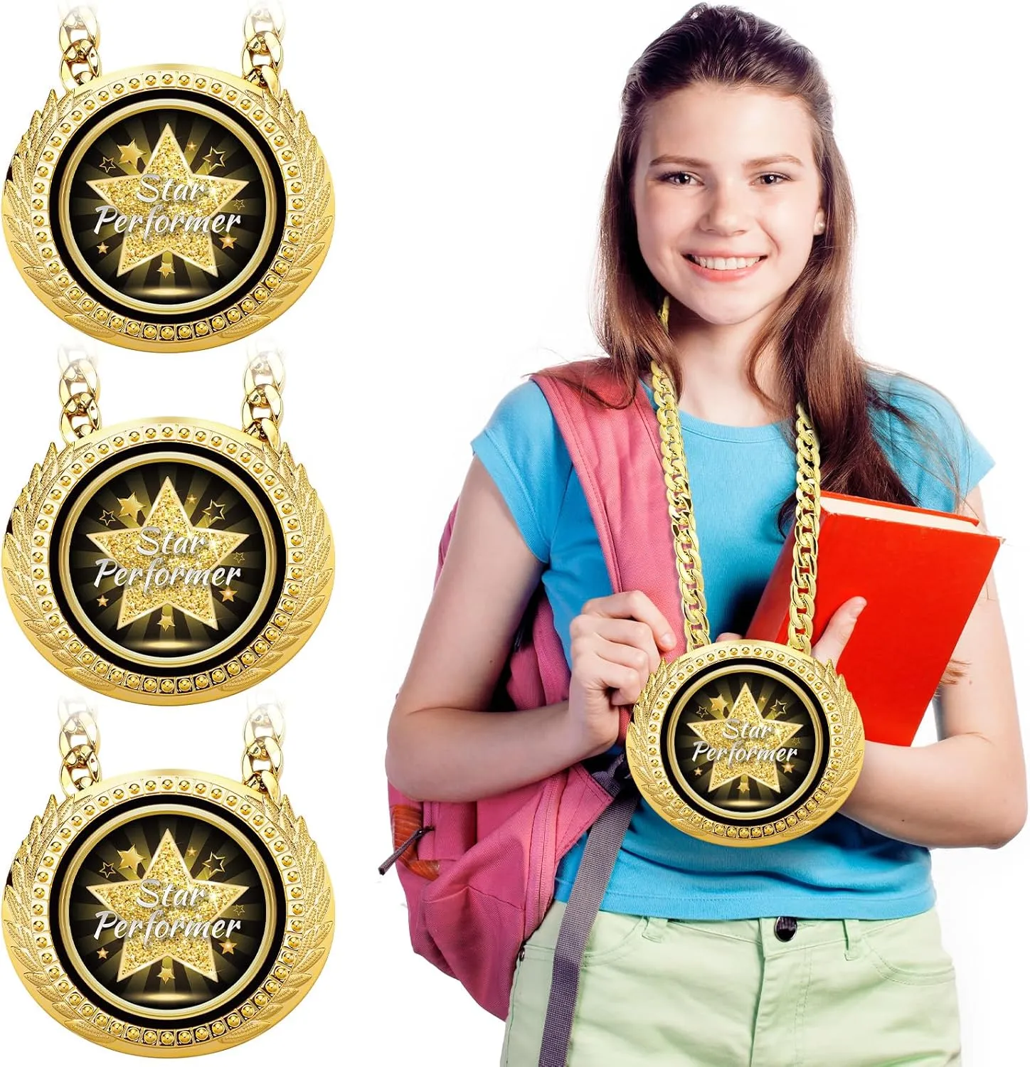 Tondiamo Star Performer Award Medals 6" Big Gold Turnover Chain Medal Champion Chain Trophy Necklace for College Student High School Graduation Participation Competition