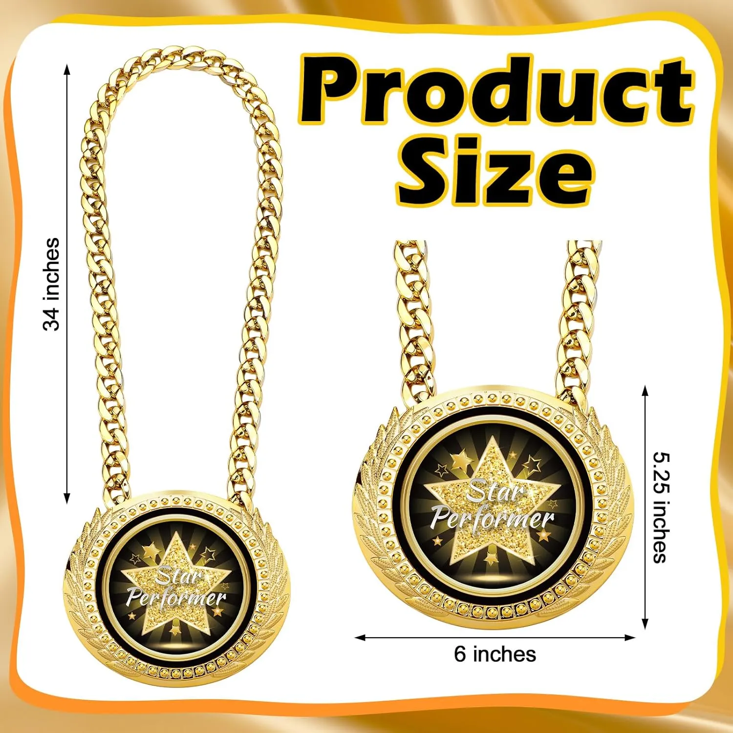 Tondiamo Star Performer Award Medals 6" Big Gold Turnover Chain Medal Champion Chain Trophy Necklace for College Student High School Graduation Participation Competition