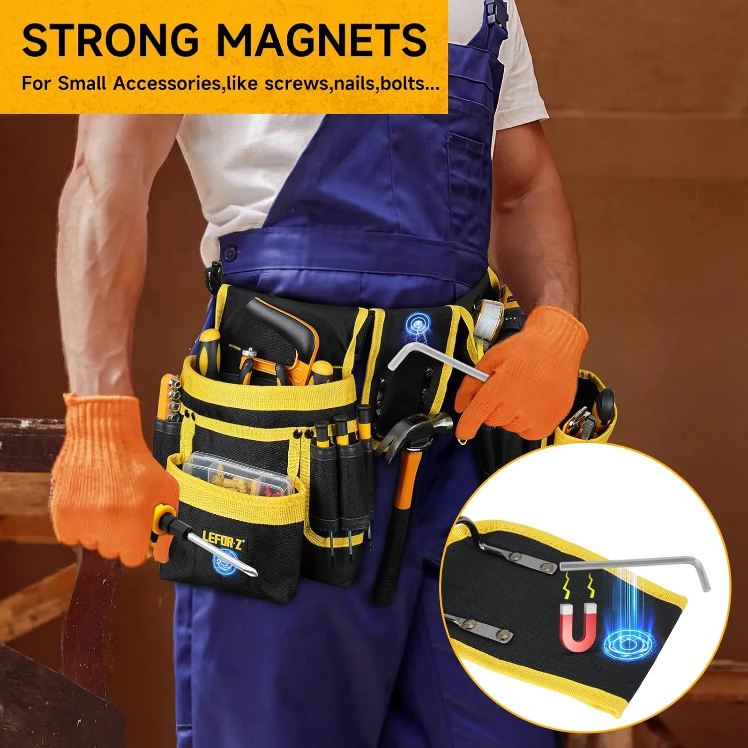 Tool Belt,Magnetic Tool Pouch,27-Pockets Heavy Duty Padded Tool Belts for Men,Detachable & Adjustable Tool Pouch Bag for Electrician,Carpenter,Construction,Work Apron,Utility Belt,Black,Yellow