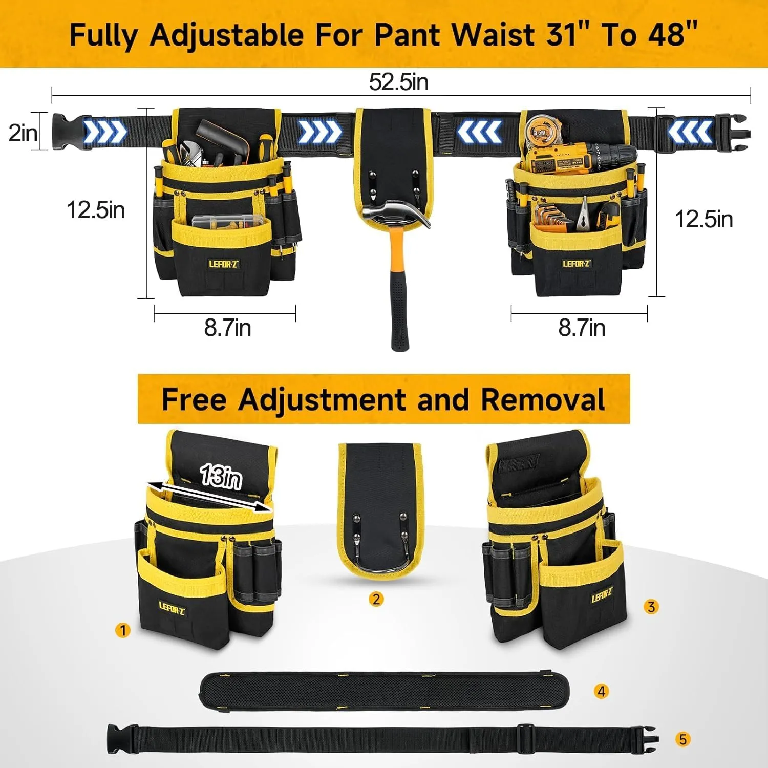Tool Belt,Magnetic Tool Pouch,27-Pockets Heavy Duty Padded Tool Belts for Men,Detachable & Adjustable Tool Pouch Bag for Electrician,Carpenter,Construction,Work Apron,Utility Belt,Black,Yellow