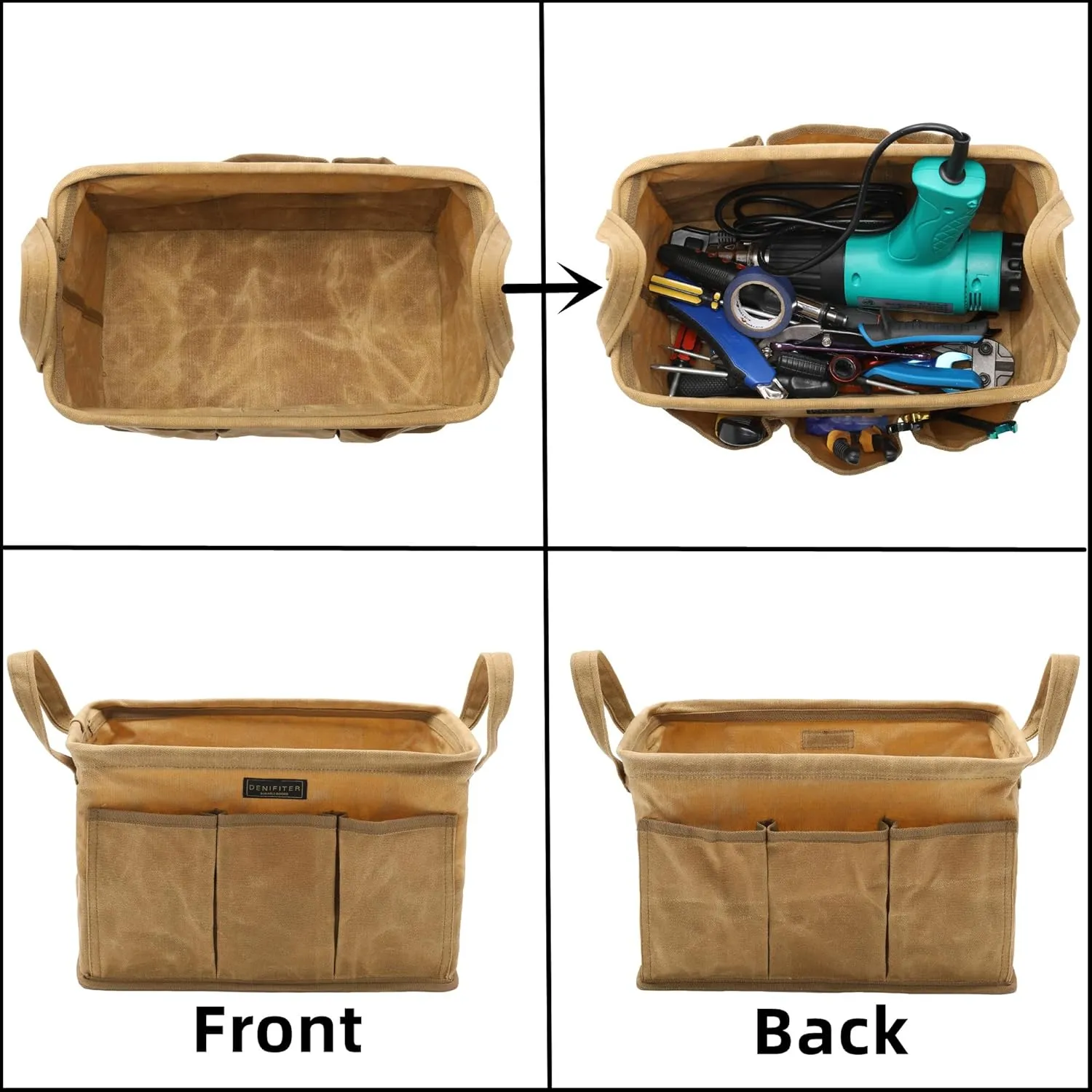 Tool Pouch, Heavy Duty 16oz Waxed Canvas Tool Bag, Rectangle Foldable Open Top Tool Bags with Handles, 7 Pockets | 13.8 x 7.8 x 7.8 Inches