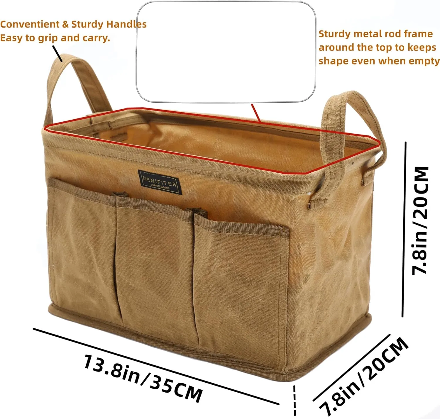 Tool Pouch, Heavy Duty 16oz Waxed Canvas Tool Bag, Rectangle Foldable Open Top Tool Bags with Handles, 7 Pockets | 13.8 x 7.8 x 7.8 Inches