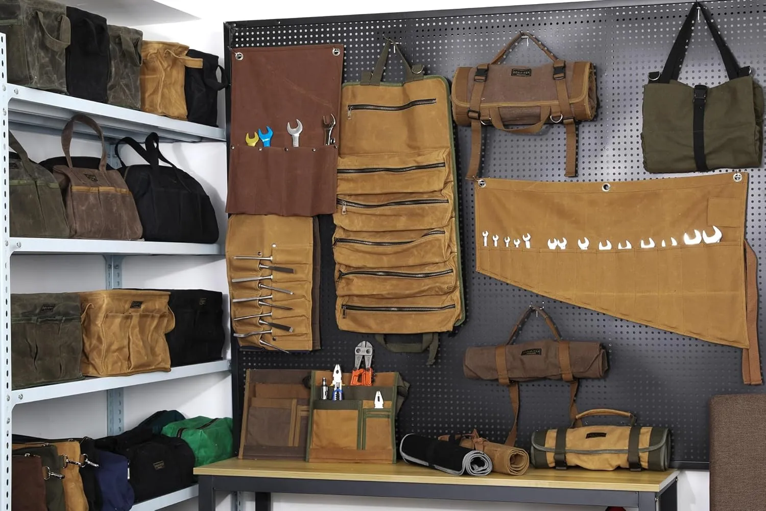 Tool Pouch, Heavy Duty 16oz Waxed Canvas Tool Bag, Rectangle Foldable Open Top Tool Bags with Handles, 7 Pockets | 13.8 x 7.8 x 7.8 Inches