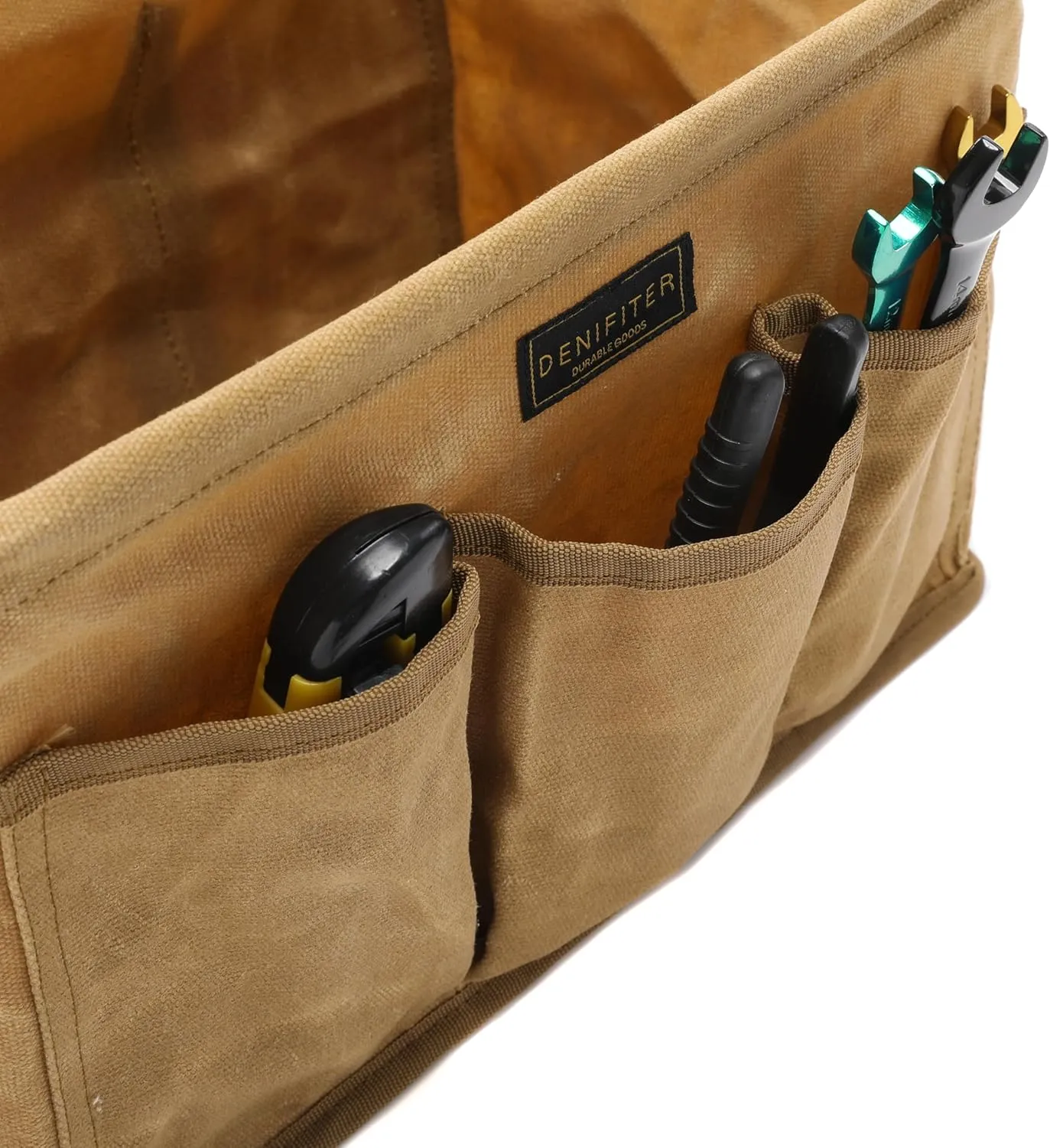 Tool Pouch, Heavy Duty 16oz Waxed Canvas Tool Bag, Rectangle Foldable Open Top Tool Bags with Handles, 7 Pockets | 13.8 x 7.8 x 7.8 Inches
