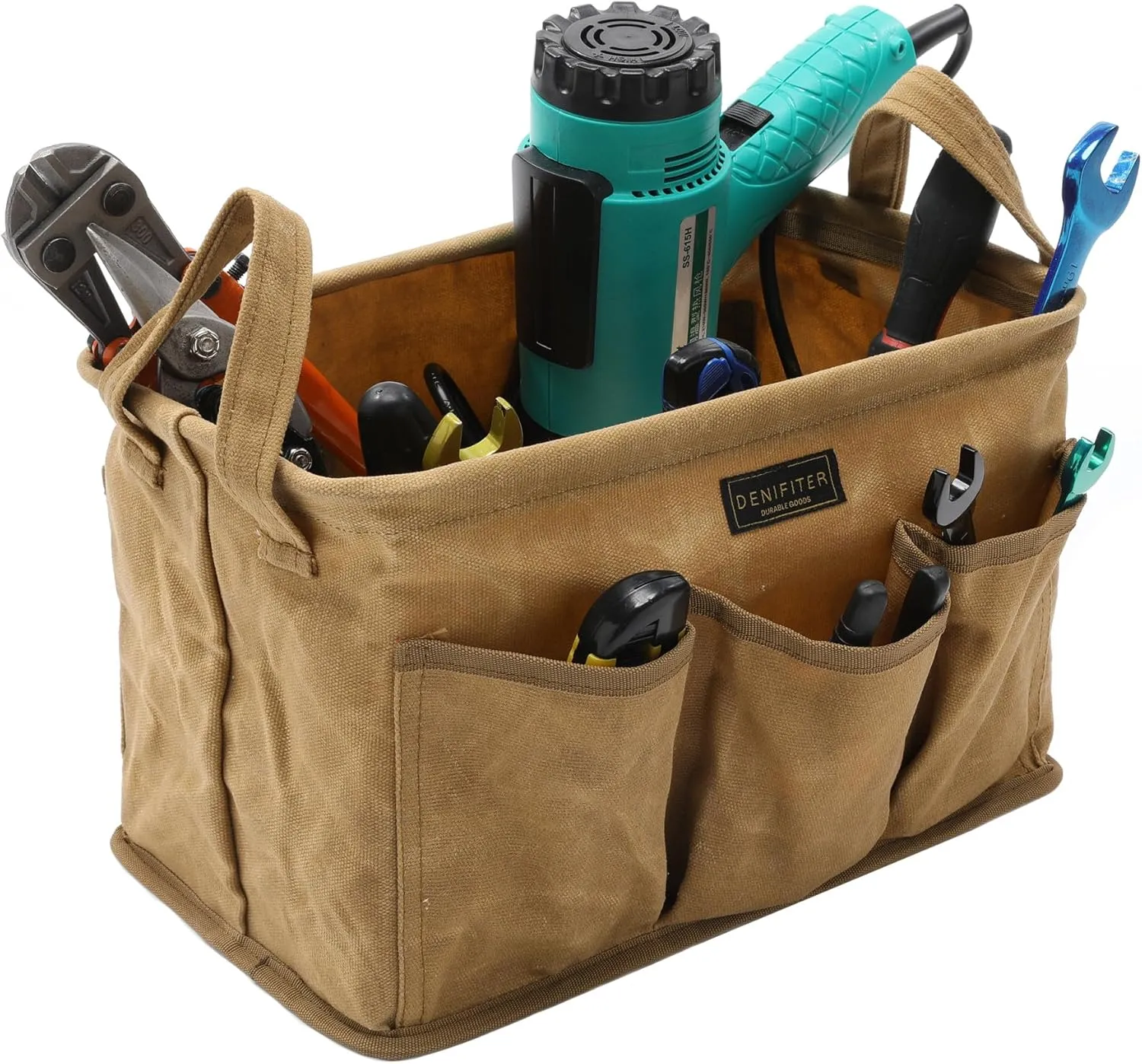 Tool Pouch, Heavy Duty 16oz Waxed Canvas Tool Bag, Rectangle Foldable Open Top Tool Bags with Handles, 7 Pockets | 13.8 x 7.8 x 7.8 Inches