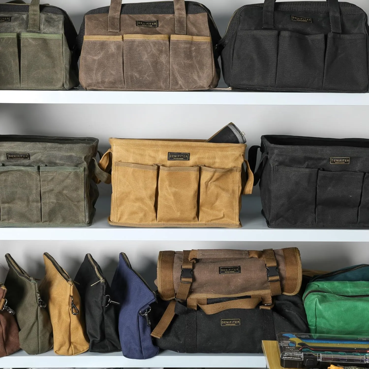 Tool Pouch, Heavy Duty 16oz Waxed Canvas Tool Bag, Rectangle Foldable Open Top Tool Bags with Handles, 7 Pockets | 13.8 x 7.8 x 7.8 Inches