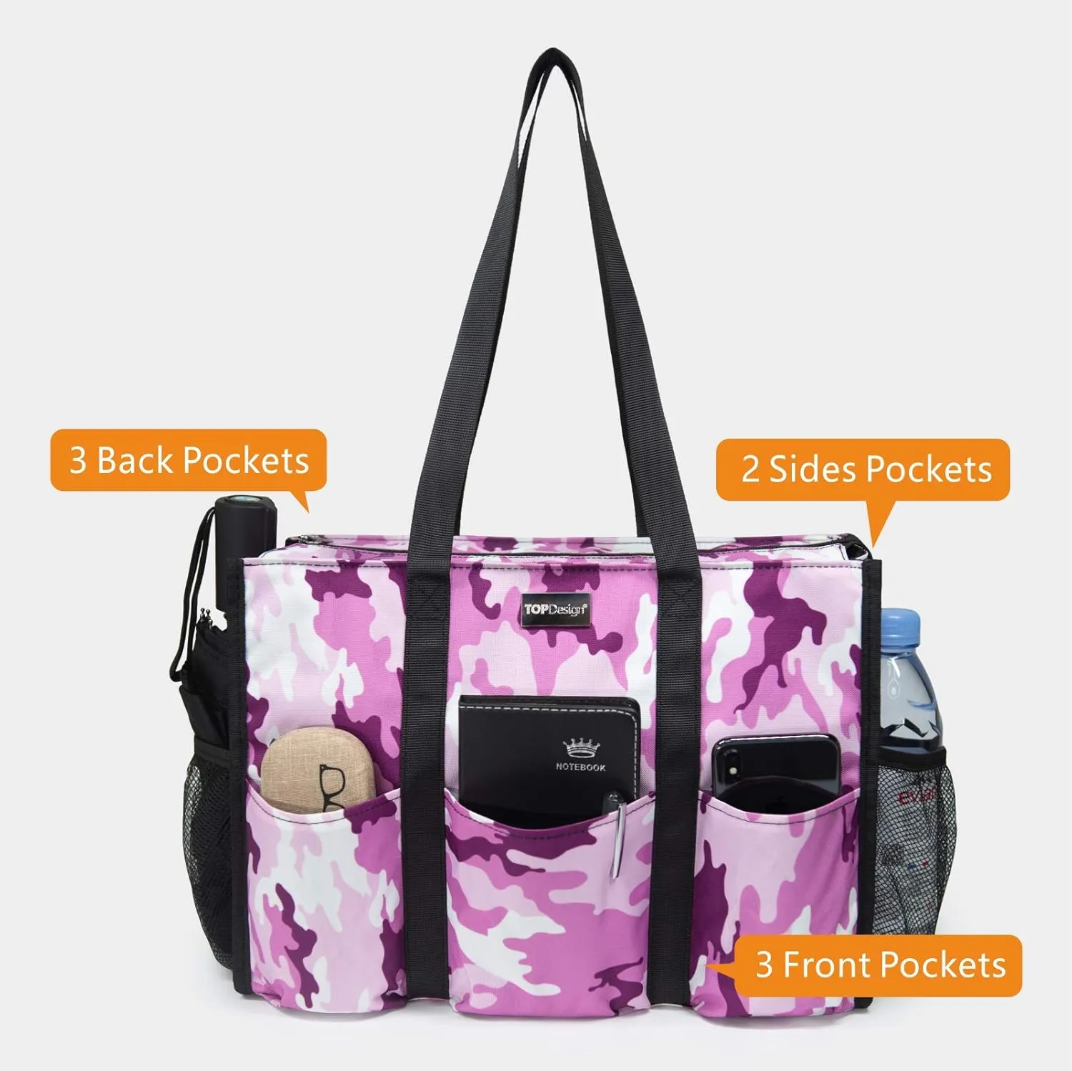 TOPDesign Utility Water Resistant Tote Bag with 13 Pockets, Top Zipper Closure & Thick Bottom Support, for Working Women