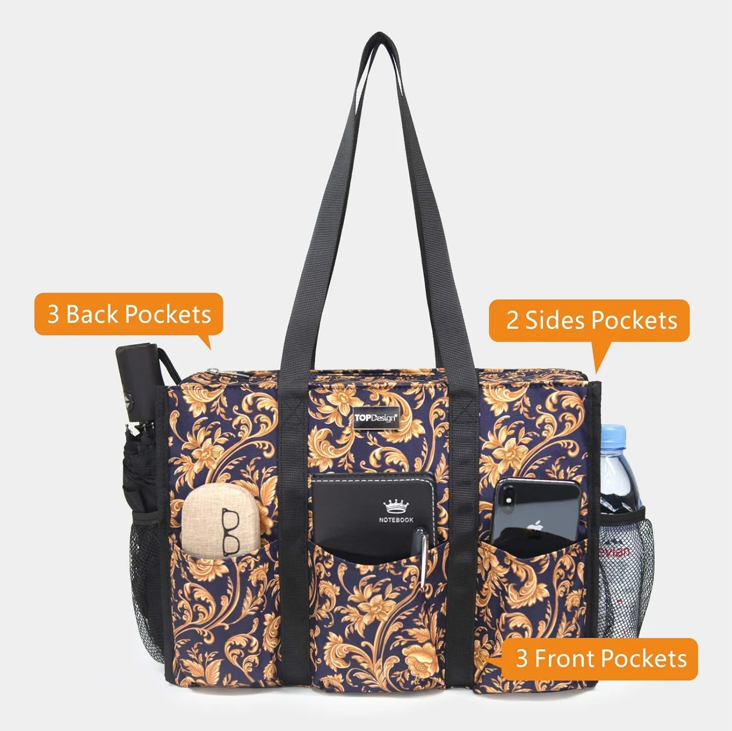 TOPDesign Utility Water Resistant Tote Bag with 13 Pockets, Top Zipper Closure & Thick Bottom Support, for Working Women