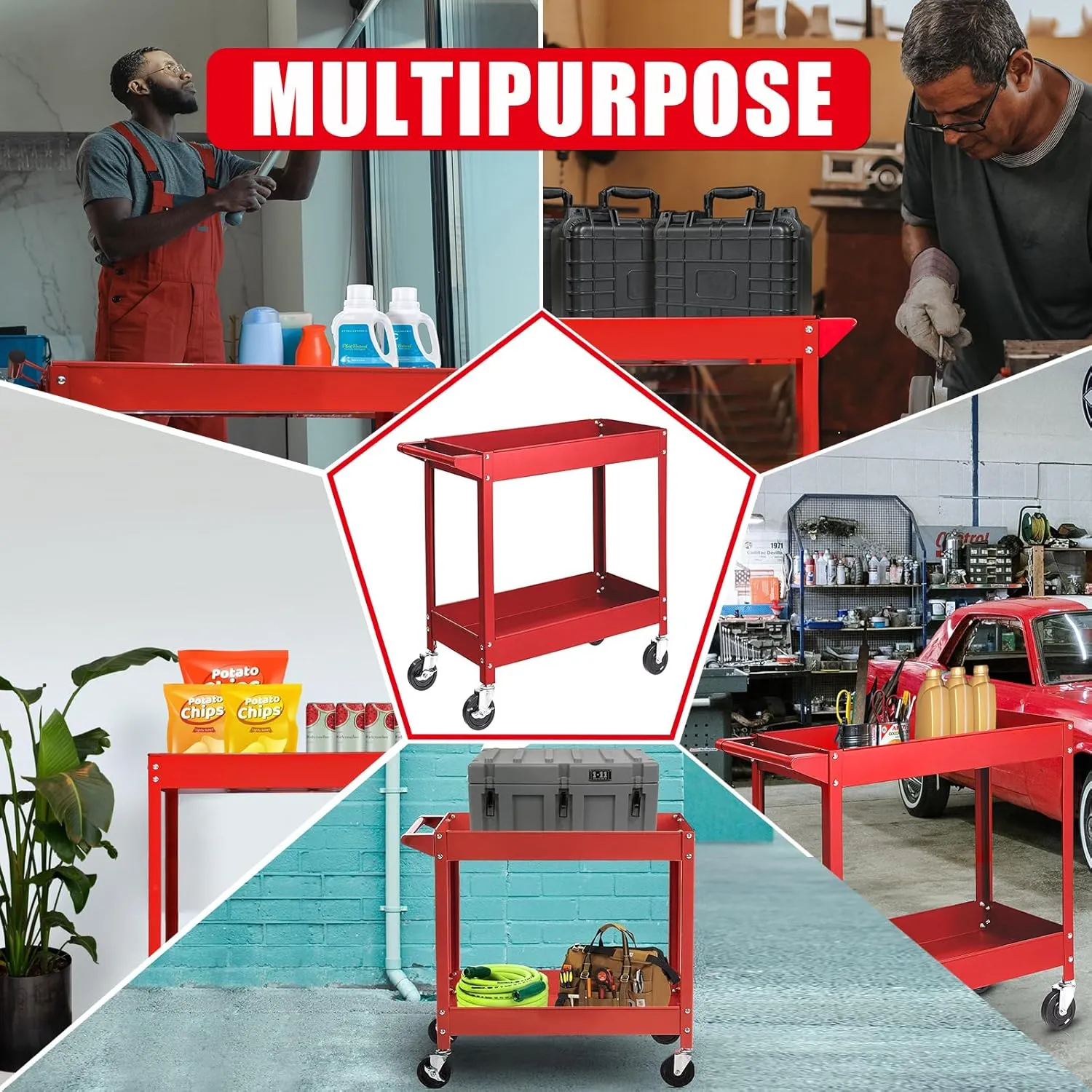 Torin Service Utility Cart Heavy Duty 2 Shelf Tier 300 LBs Rolling Trolley Storage Organizer for Garage Warehouse Workshop, APTC304B , Red