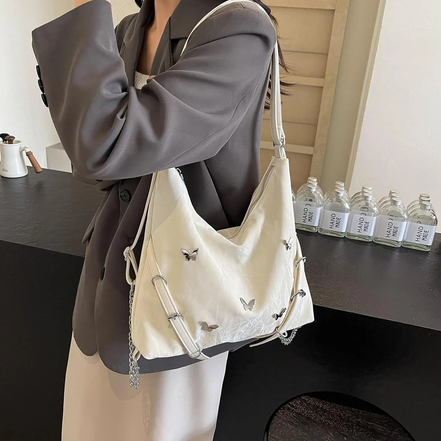 Tote Bag For Woman, Fashion PU Velvet Bag with Elegant Butterfly Decoration, Single/Double/Hand Strap Options