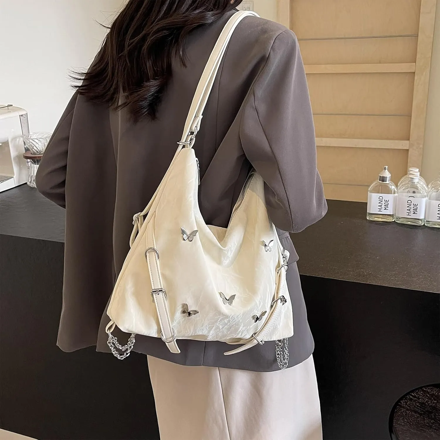 Tote Bag For Woman, Fashion PU Velvet Bag with Elegant Butterfly Decoration, Single/Double/Hand Strap Options