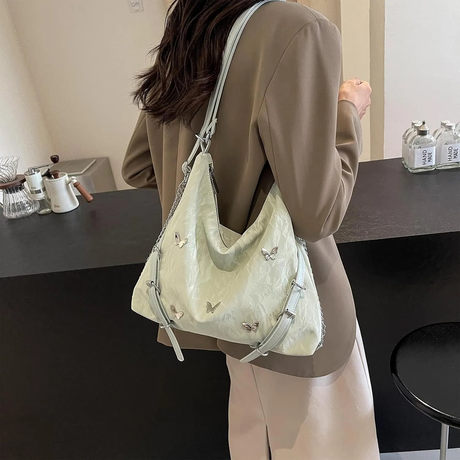 Tote Bag For Woman, Fashion PU Velvet Bag with Elegant Butterfly Decoration, Single/Double/Hand Strap Options