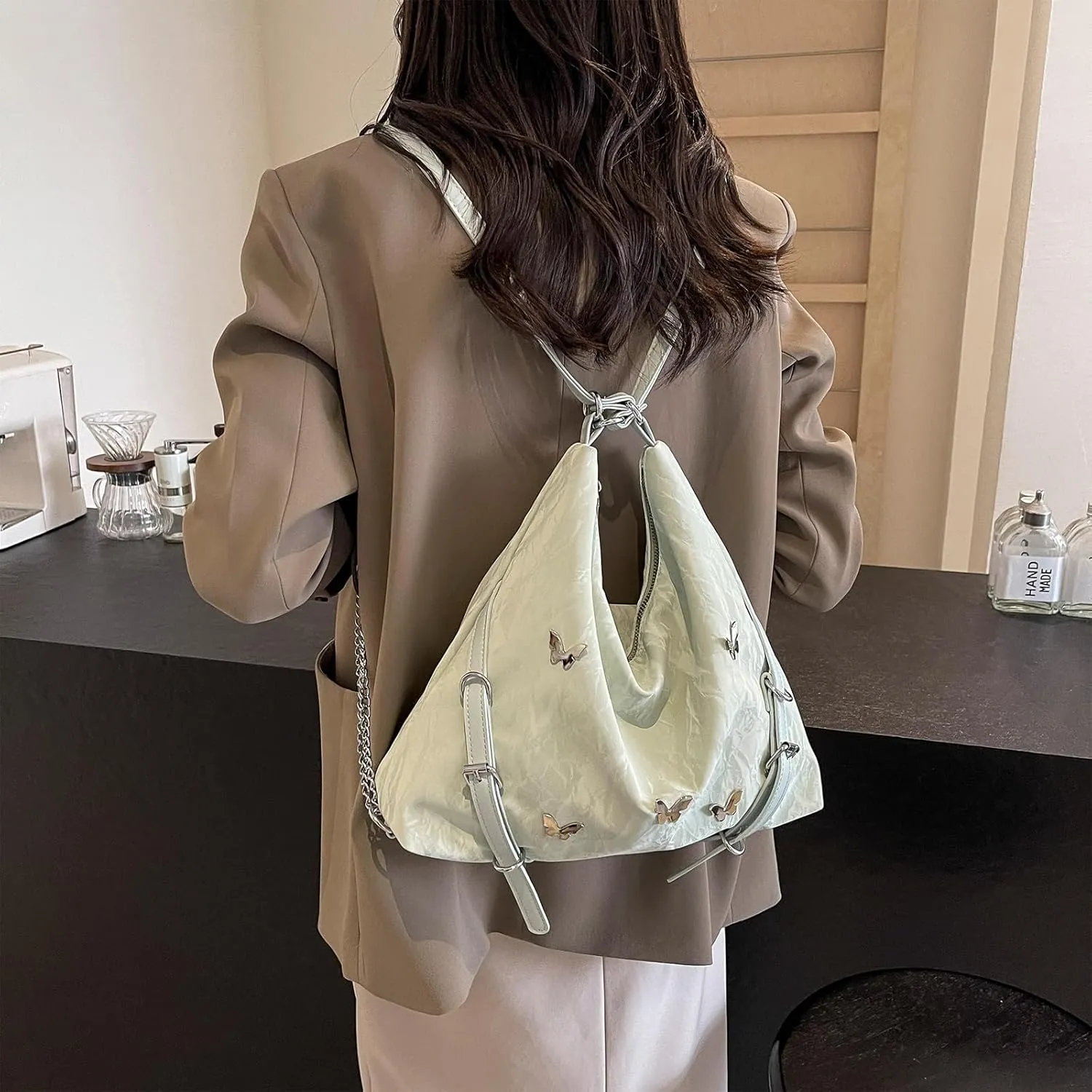 Tote Bag For Woman, Fashion PU Velvet Bag with Elegant Butterfly Decoration, Single/Double/Hand Strap Options