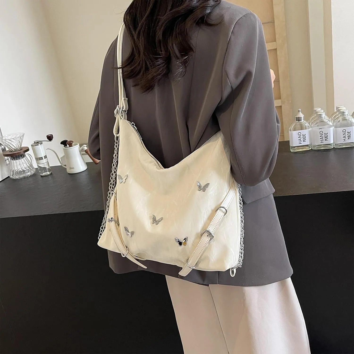 Tote Bag For Woman, Fashion PU Velvet Bag with Elegant Butterfly Decoration, Single/Double/Hand Strap Options
