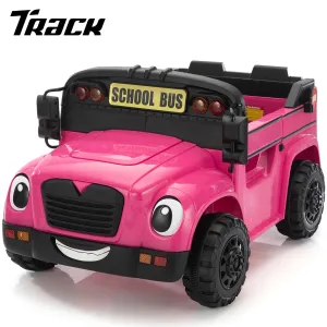 Track 7 12V Ride on Car, Kids School Bus with Remote Control, Walkie-Talkies, LED Lights, Electric Truck Car for Boys Girls Age 3 , Rose Red
