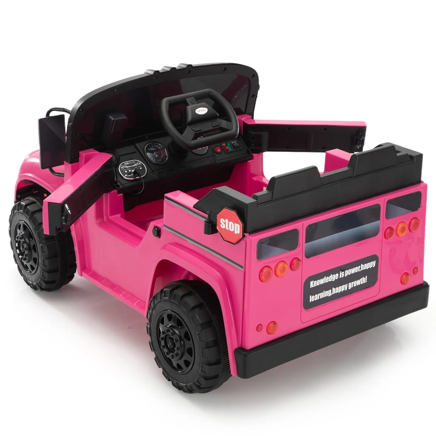 Track 7 12V Ride on Car, Kids School Bus with Remote Control, Walkie-Talkies, LED Lights, Electric Truck Car for Boys Girls Age 3 , Rose Red