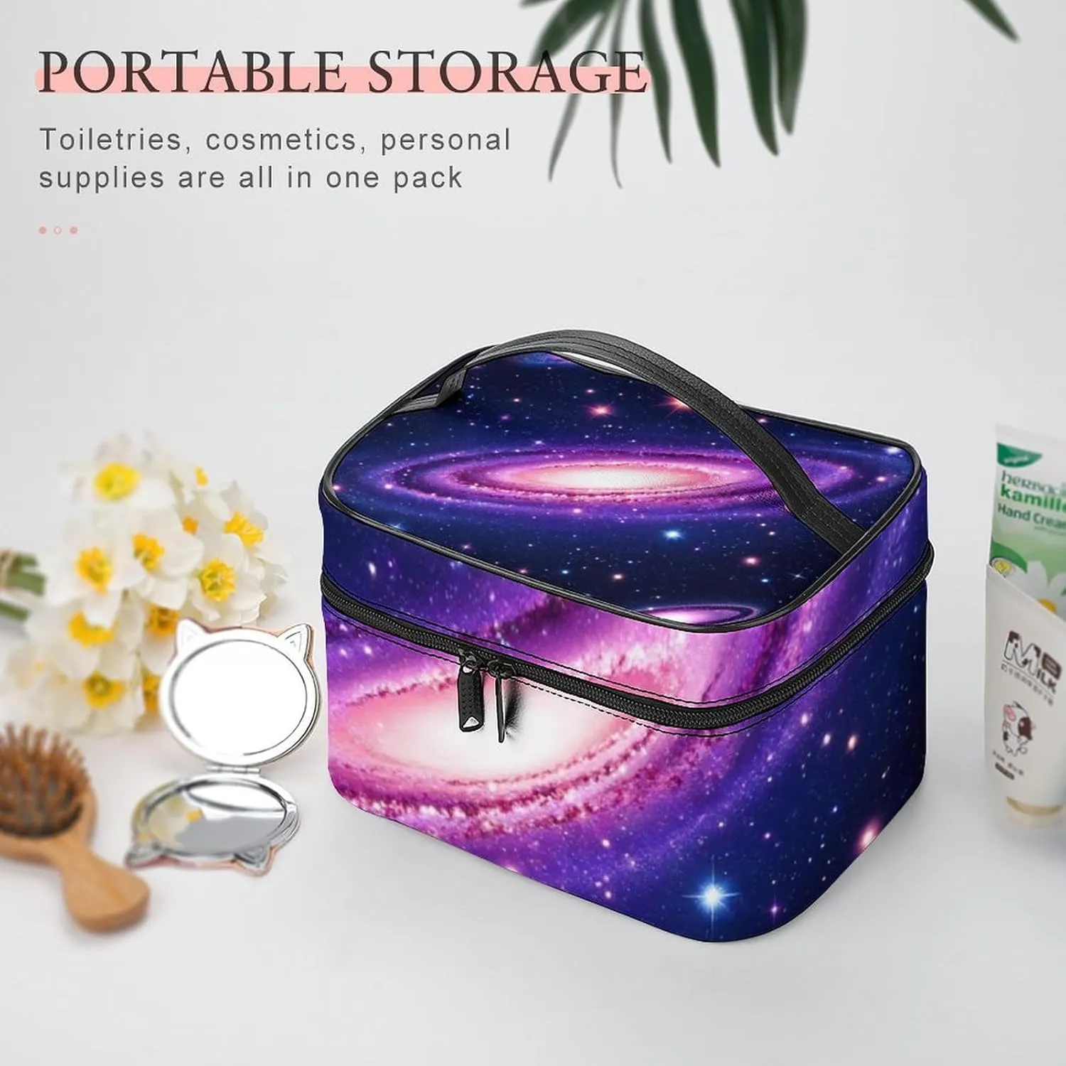Travel Cosmetic Cases for Women, Multifunctional Makeup Organizer Bag, Space Galaxy Constellation Zodiac Star Purple Blue Toiletry Storage Bag with Handle and Divider