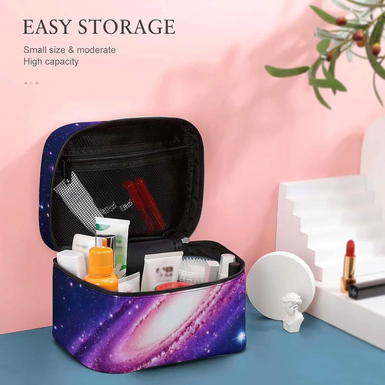 Travel Cosmetic Cases for Women, Multifunctional Makeup Organizer Bag, Space Galaxy Constellation Zodiac Star Purple Blue Toiletry Storage Bag with Handle and Divider