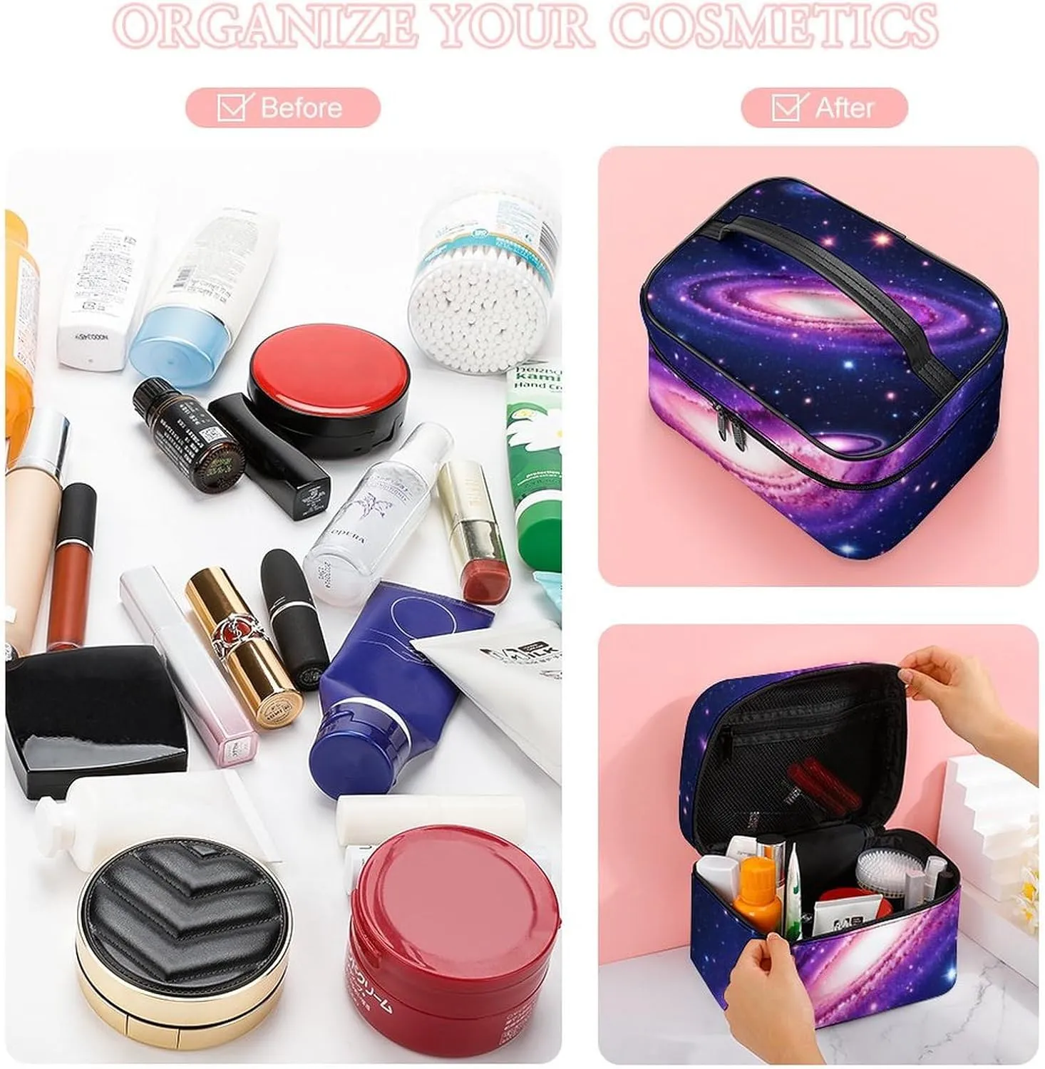Travel Cosmetic Cases for Women, Multifunctional Makeup Organizer Bag, Space Galaxy Constellation Zodiac Star Purple Blue Toiletry Storage Bag with Handle and Divider