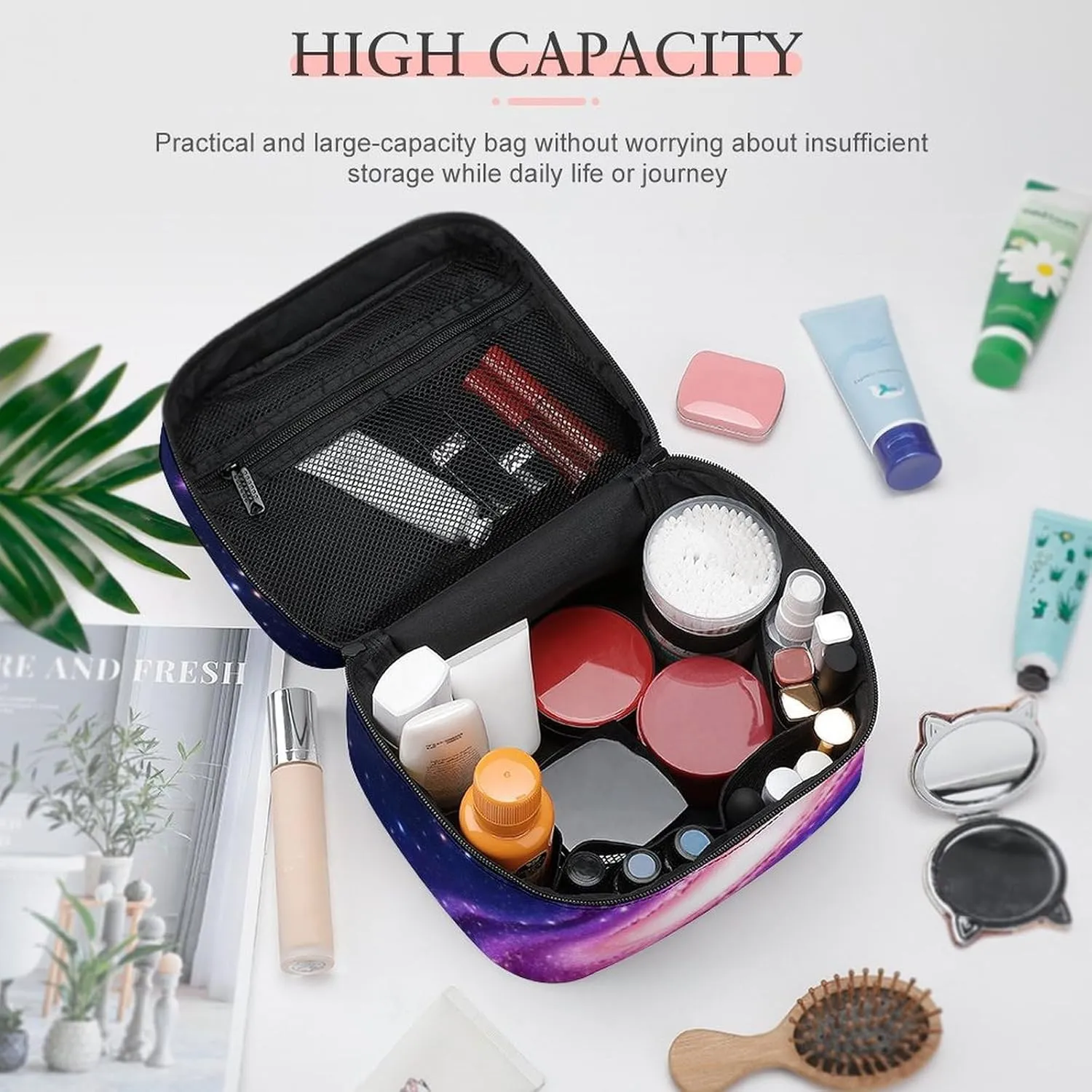 Travel Cosmetic Cases for Women, Multifunctional Makeup Organizer Bag, Space Galaxy Constellation Zodiac Star Purple Blue Toiletry Storage Bag with Handle and Divider