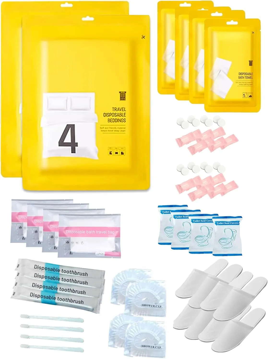 Travel Disposable Set: 2 Bed Sheet, 2 Duvet Cover, 4 Pillow Cases, 4 Bath Towels, 4 Shower Caps, 16 Compression Face Towels, 4 Toothbrushes, 4 Toilet Seat Covers, 4 Bathtub Bags, 4 Pairs Slippers