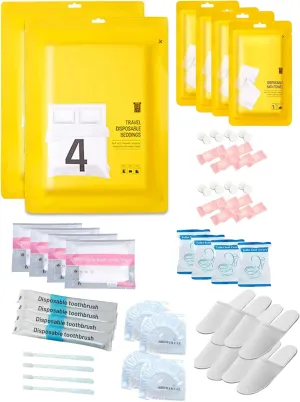 Travel Disposable Set: 2 Bed Sheet, 2 Duvet Cover, 4 Pillow Cases, 4 Bath Towels, 4 Shower Caps, 16 Compression Face Towels, 4 Toothbrushes, 4 Toilet Seat Covers, 4 Bathtub Bags, 4 Pairs Slippers