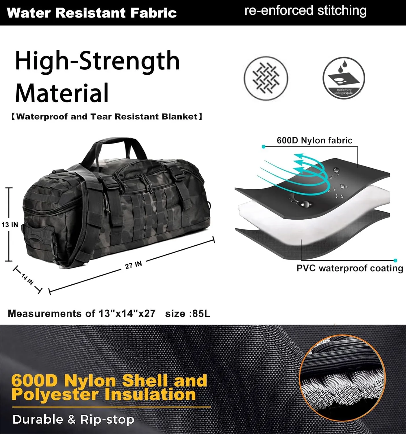 Travel Duffle Bag Backpack for Men - Large Tactical Bags Weekender Gym Bag for Overnight Traveling Military Workout Deployment Sports (BlackCamo, 80L)