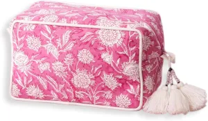 Travel Makeup Bag- Large Capacity Cosmetic Bags for Women - Water Resistance Lining Portable Pouch & Open Toiletry Bag - Perfect Girls Makeup Organizer for Travel Essentials (White & Pink Floral)
