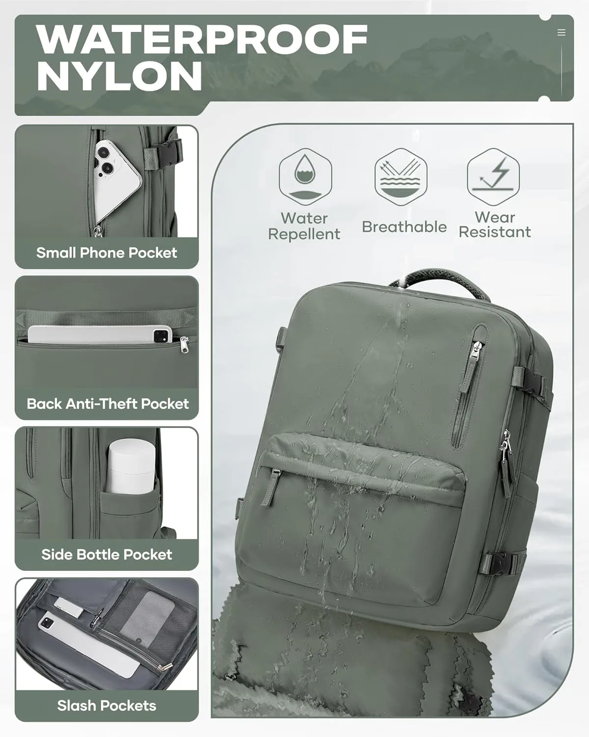 Travel Vacuum Backpack for Women Men, Large 18×14×8IN Carry on Luggage Spirit United Flight Approved, Personal Item Travel Bag with Wet Dry Separation Pocket USB Charging, Green