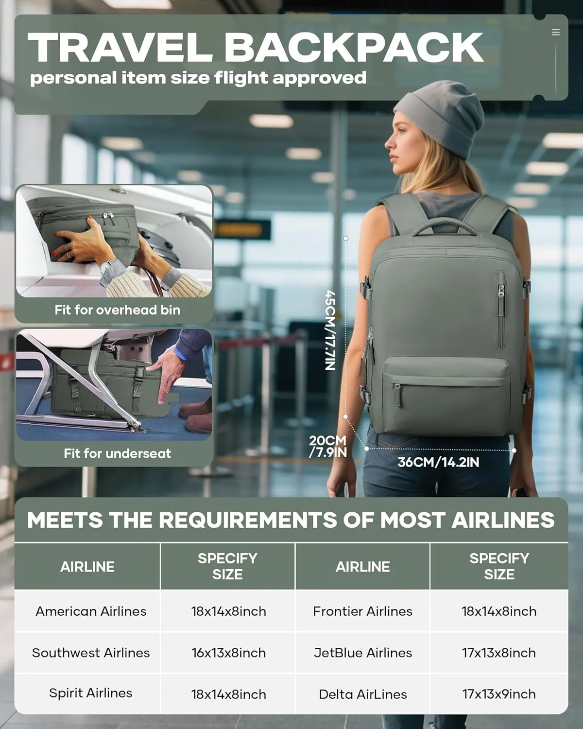 Travel Vacuum Backpack for Women Men, Large 18×14×8IN Carry on Luggage Spirit United Flight Approved, Personal Item Travel Bag with Wet Dry Separation Pocket USB Charging, Green