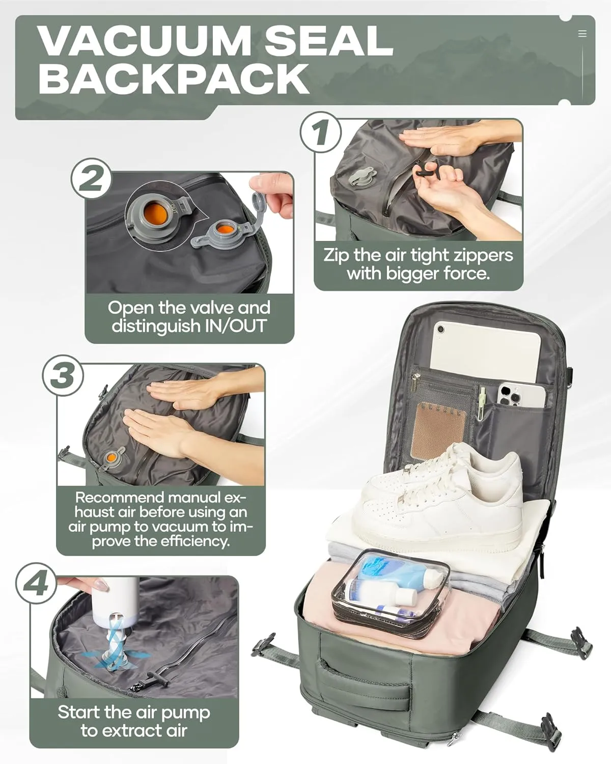 Travel Vacuum Backpack for Women Men, Large 18×14×8IN Carry on Luggage Spirit United Flight Approved, Personal Item Travel Bag with Wet Dry Separation Pocket USB Charging, Green