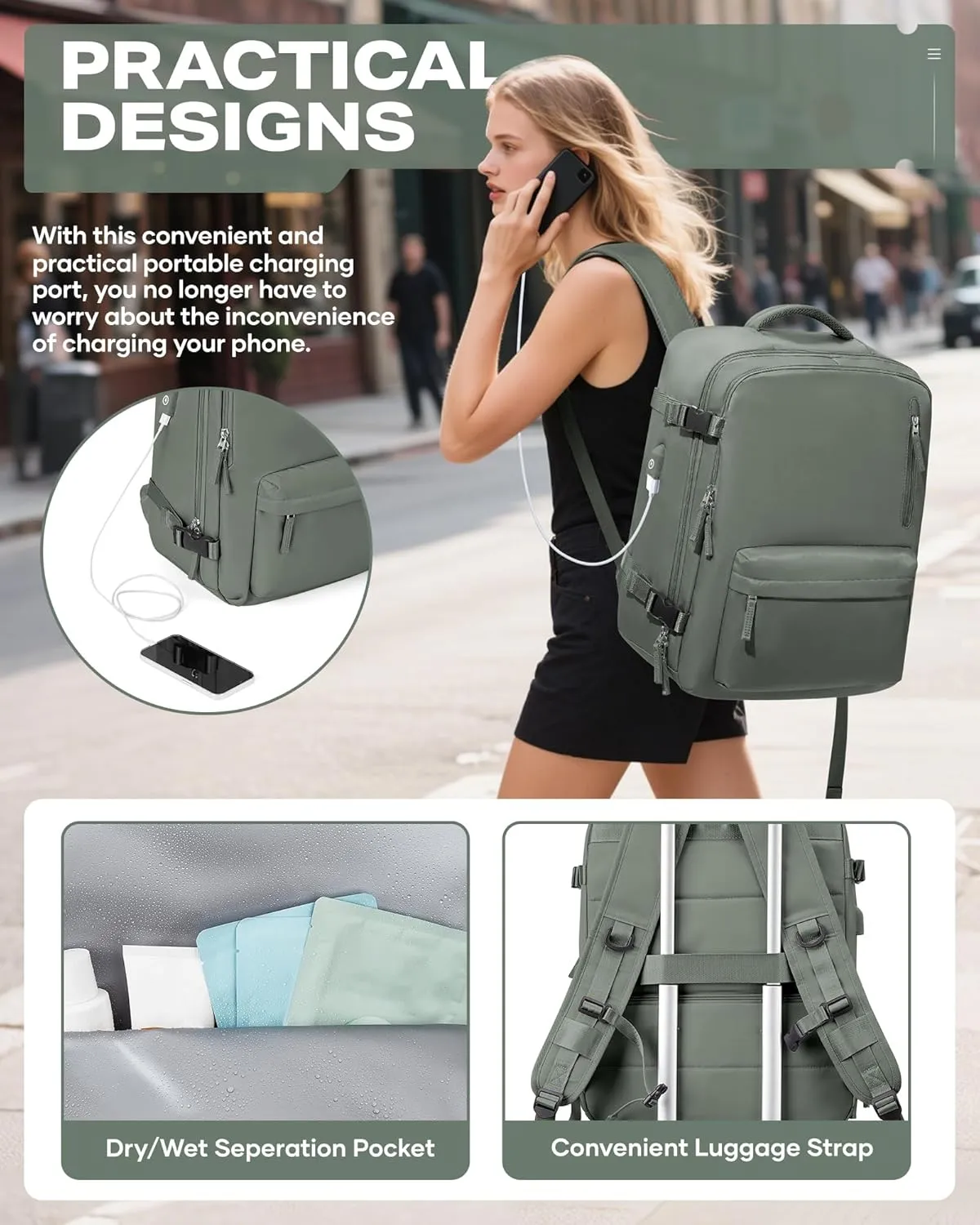 Travel Vacuum Backpack for Women Men, Large 18×14×8IN Carry on Luggage Spirit United Flight Approved, Personal Item Travel Bag with Wet Dry Separation Pocket USB Charging, Green