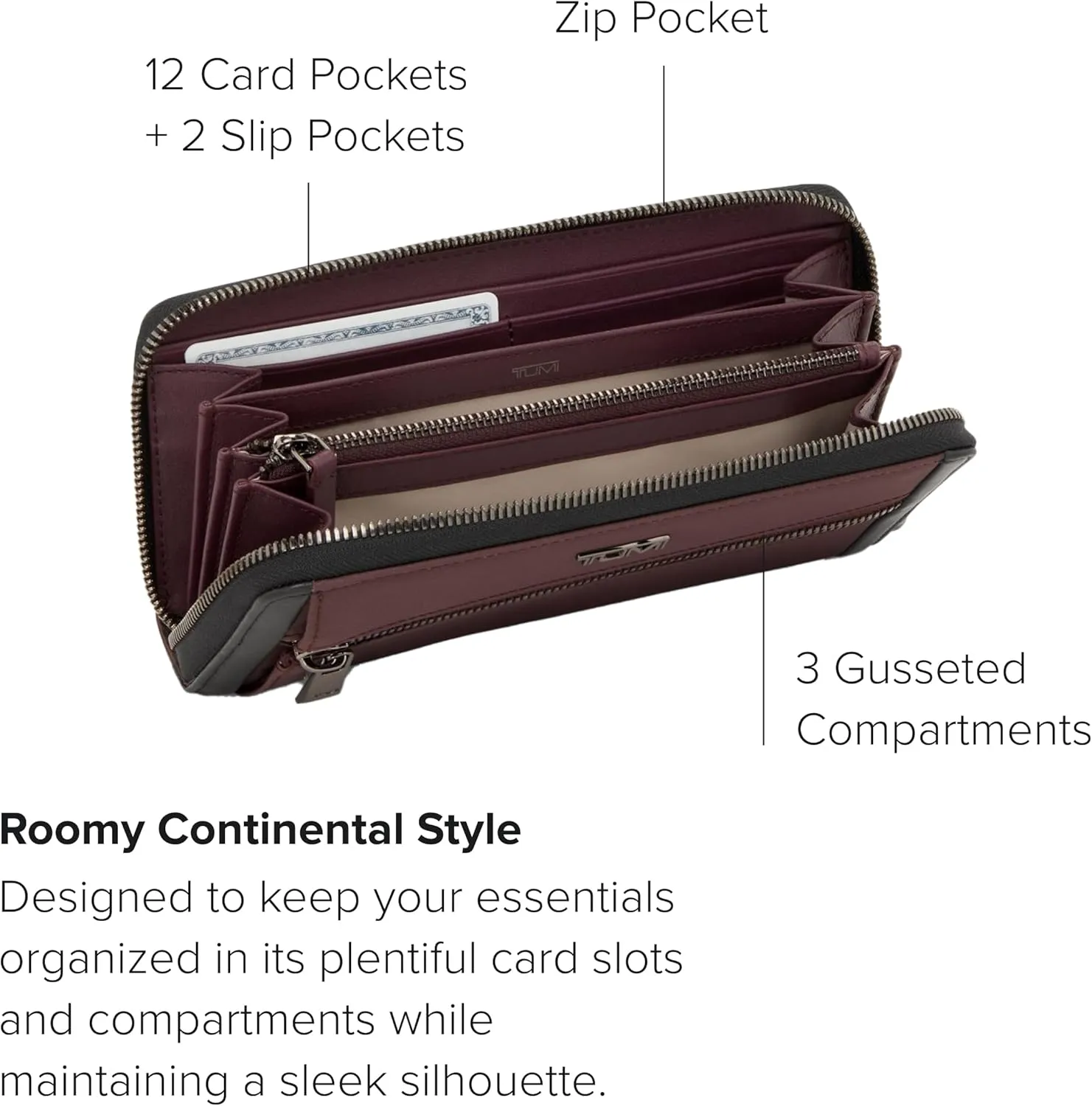 TUMI - Voyageur Zip-Around Continental - Durable Cash & Card Holder - Aesthetic Travel Wallet for Women - Gift Box Included - Deep Plum