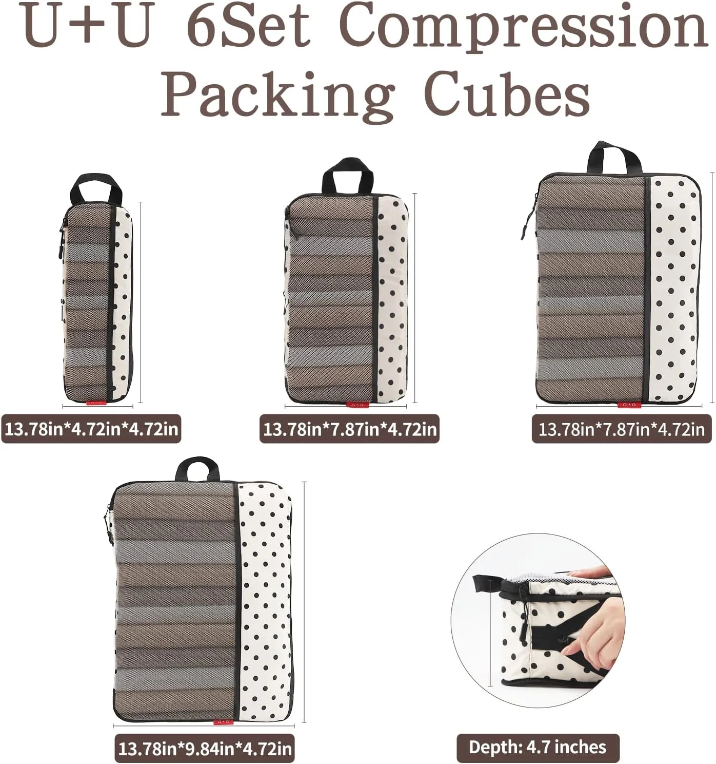 U U 4 Set Compression Packing Cubes - Ultralight Travel Organizers with Laundry Bag, Space-Saving Suitcase Organizer, Expandable Packing Cubes for Travel, Business Trip and Family Vacation (Polka Dot)
