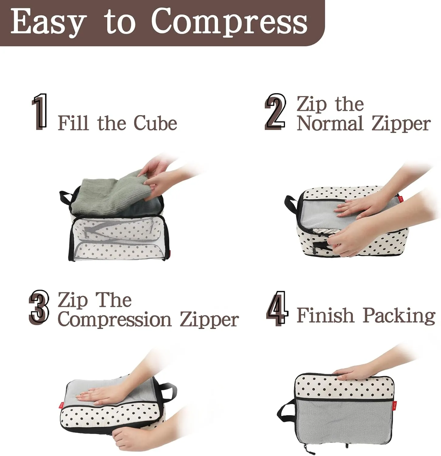 U U 4 Set Compression Packing Cubes - Ultralight Travel Organizers with Laundry Bag, Space-Saving Suitcase Organizer, Expandable Packing Cubes for Travel, Business Trip and Family Vacation (Polka Dot)