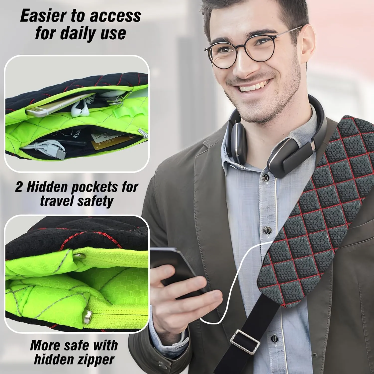 Ultra Comfortable Shoulder Strap Bag Belt with Anti-Theft Pockets and Padded, 2 Tone Reversible Use, Stylish & Secure