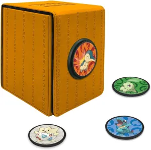 Ultra Pro - Pokemon Alcove Click Johto: Store 100 Double-Sleeved Cards with 4 Themed Badges of Cyndaquil, Totodile, Chikorita, and Togepi. Customize with 1.5 in. Diameter Badges for a Unique Touch