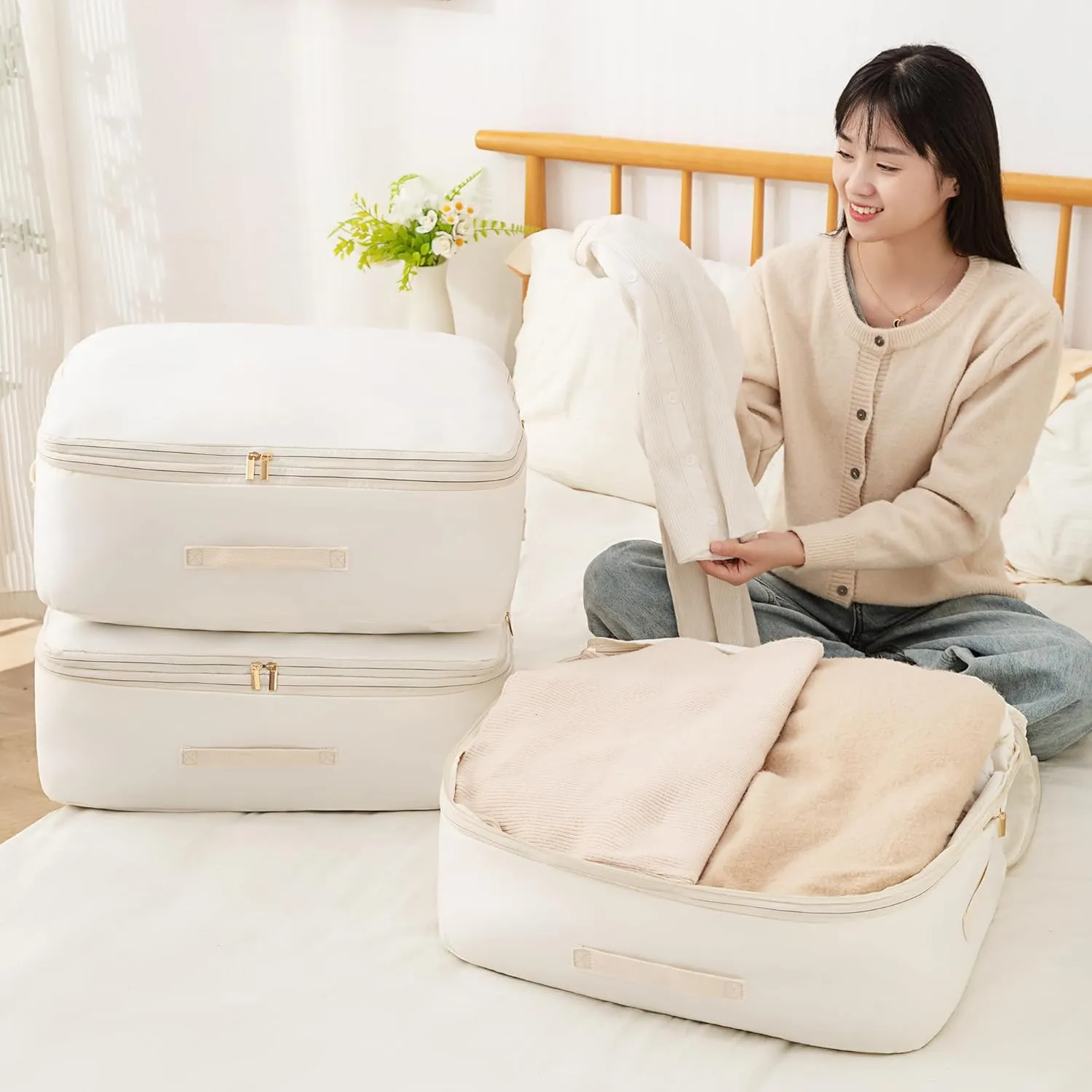 Ultra Space Saving Self Compression Organizer, Comforter Storage Bag for Clothes, Blankets, Pillows, Duvet, Comforters, Bedding Sets and Much More (Pink,X-L - 54 * 42 * 60cm)