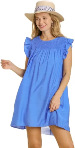 Umgee Smocked Yoke Short Ruffle Sleeves Dress with Back Keyhole and No Lining